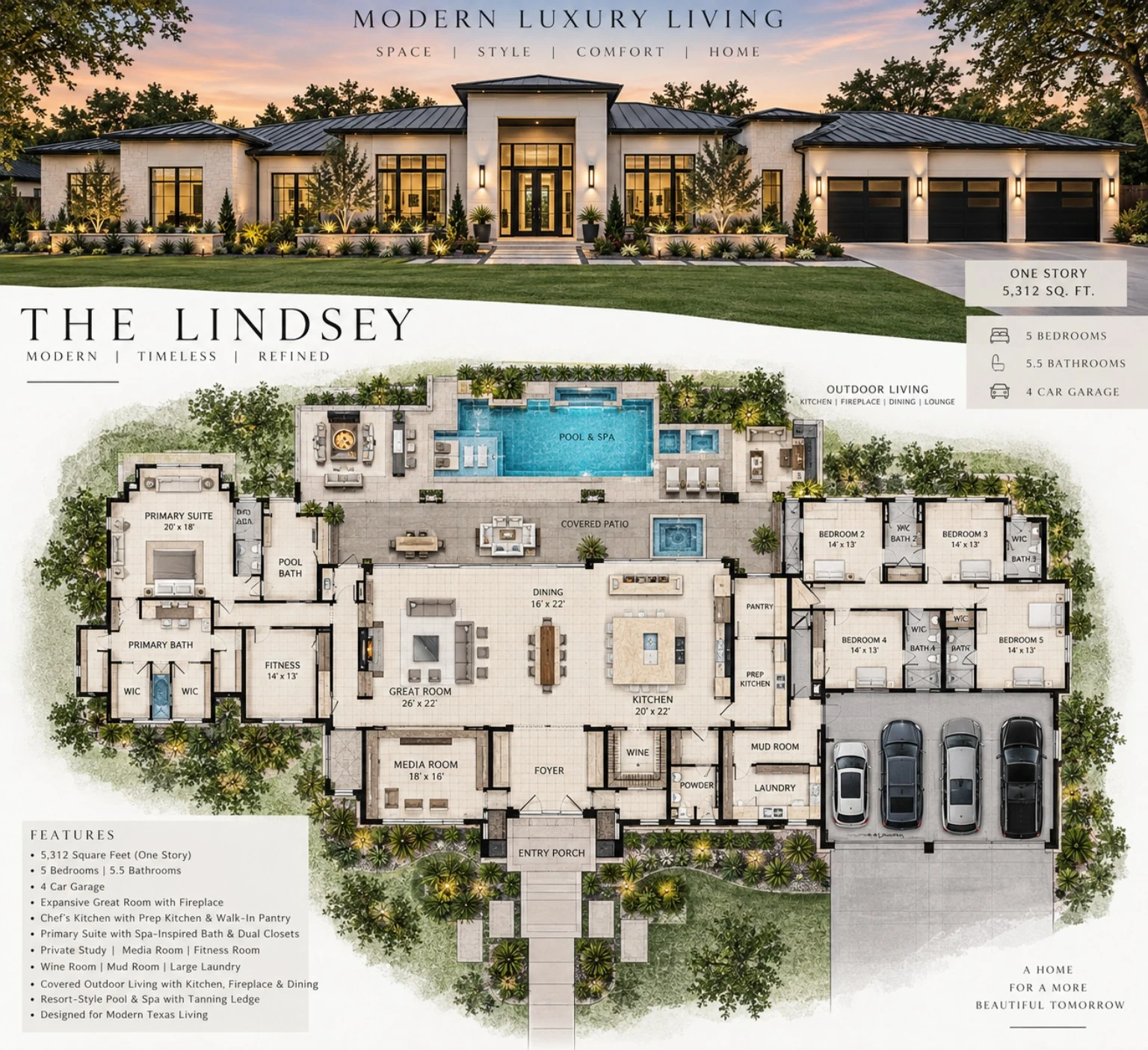 The Lindsey one-story 5,312 square foot floor plan and residence presentation